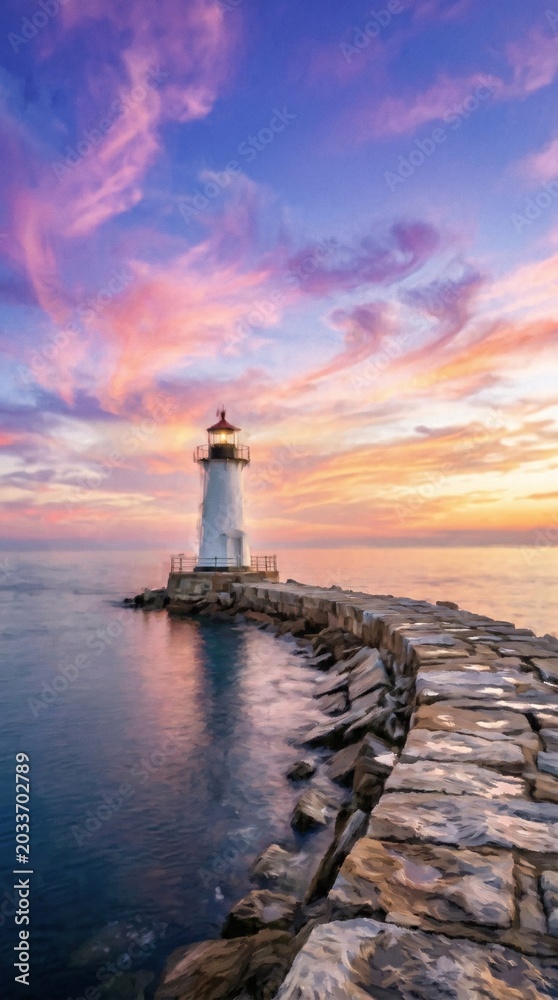 Obraz premium Stunning sunset sky over historic stone lighthouse at rocky ocean breakway.