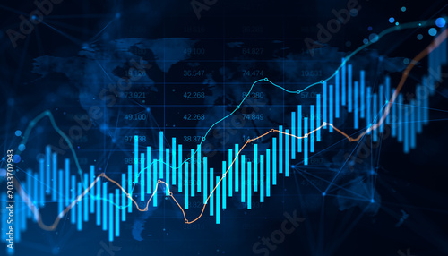 Cuadro en lienzo Dynamic financial market chart with glowing blue bars, rising currency lines, and global data backdrop showing digital growth analysis trends worldwide