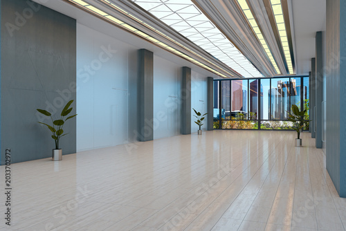 Spacious modern interior hall with wide windows showcasing cityscape, bright contemporary corridor space with polished flooring and minimalist design. 3D Rendering