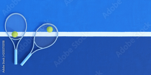 Two tennis rackets with balls arranged on a blue court line creating a modern sport composition for contemporary poster design and advertising layout concept. 3D Rendering