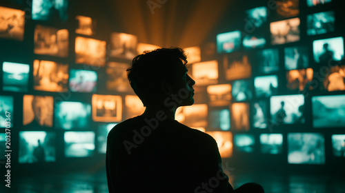 Man looking at wall of glowing screens and digital media. Silhouette of guy surrounded by data and technology. Concept of streaming service, information overload and virtual connection. Archive
