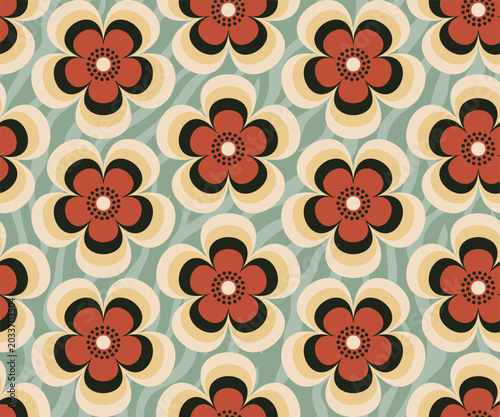 Retro floral Mid Century modern stylized flowers, 1970s mod seamless vector pattern illustration. For home decor, wallpapers, fabrics and textile.