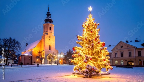 Illuminated Christmas tree covered in snow stands on town square near church tower, glowing warmly in festive winter night.