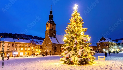 Illuminated Christmas tree covered in snow stands on town square near church tower, glowing warmly in festive winter night.