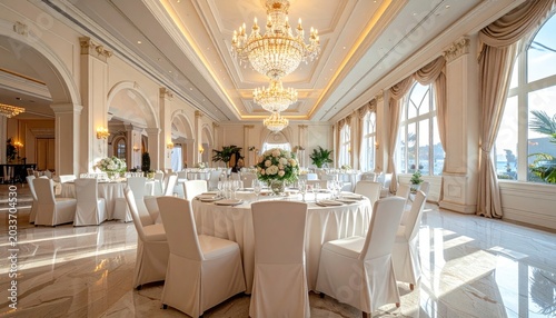 Interior photography of a large hotel ballroom decorated for a special event