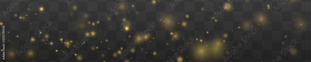 Fototapeta premium Yellow sparkle with glow, glitter dust and shimmer in soft bokeh light. Magical particle, festive stardust, twinkle and highlights. Glare, lens flare, sparks and flare PNG vector illustration.