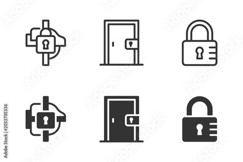 Security symbols set featuring locks and doors with keyholes.