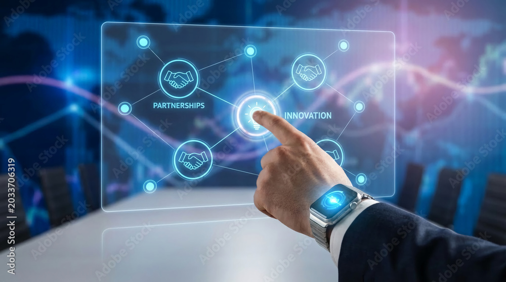 Fototapeta premium A hand interacts with a digital interface showing partnerships and innovation, symbolizing business connection and growth, ideal for corporate concepts.