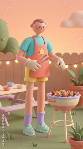 Cute stylized character grilling in a pastel backyard barbecue at sunset for background banner and summer design