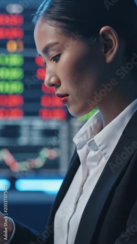 Asian trader studying live stock charts on trading terminal, intense focus on screen, realtime red and green tickers, fingertips on tablet, cool professional lighting and hightech desk setup.