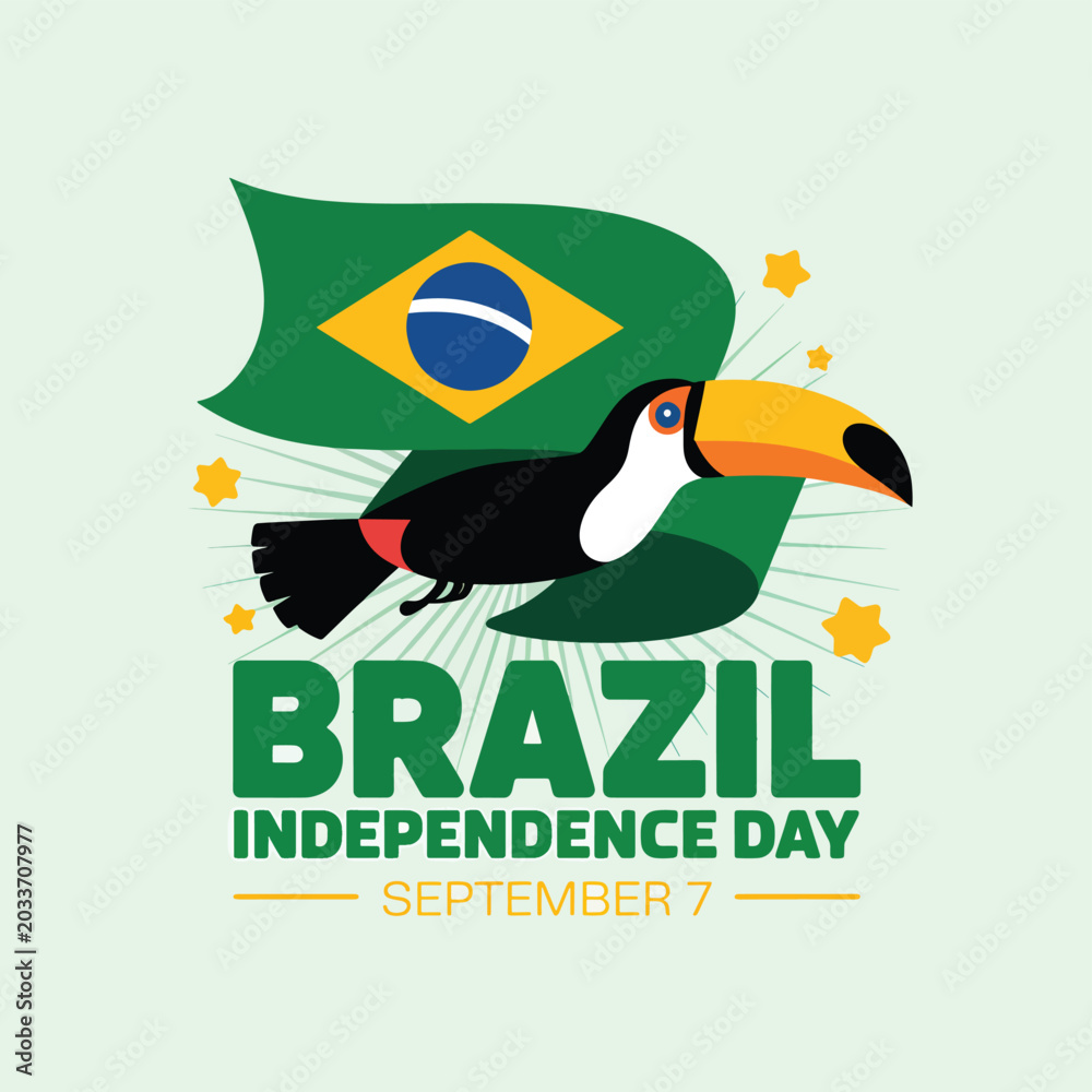 Naklejka premium Brazil Independence Day with a toucan, waving the Brazilian flag, and yellow stars on a light green bird