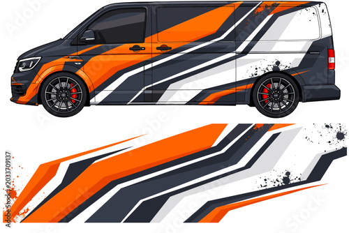 Orange and grey geometric van livery on black vehicle.