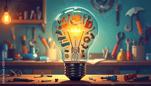 Tableau sur toile Glowing Light Bulb with Tools Inside.