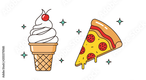 Vibrant illustration of a delicious soft-serve ice cream cone with a cherry and a slice of pepperoni pizza with melting cheese, both sparkling.