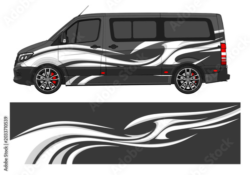 White and grey flowing tribal swoosh van wrap design.