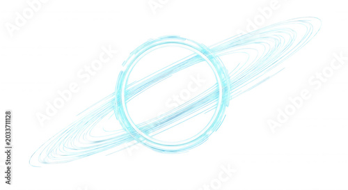Glowing cyan light ring with concentric orbital lines forming a planet-like structure against a solid black background