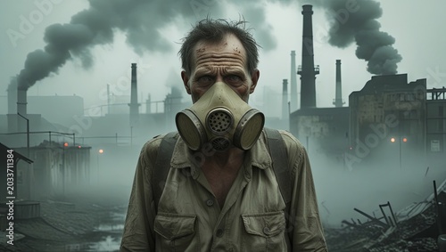 An individual wearing a gas mask traverses the hazy atmosphere of an industrialized city.