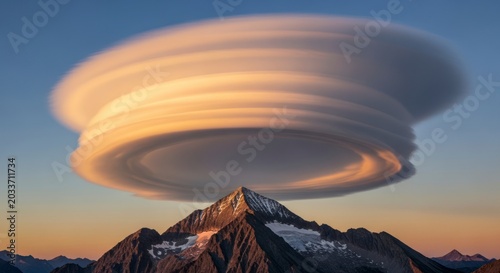 Lenticular cloud over mountain peak.