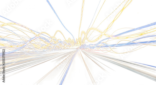 Long exposure light trails with golden wavy lines and blue streaks converging toward a central vanishing point on a black background