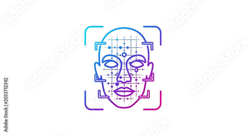 A gradient face scan icon with a grid overlay and target brackets on a white background illustration ai generated
