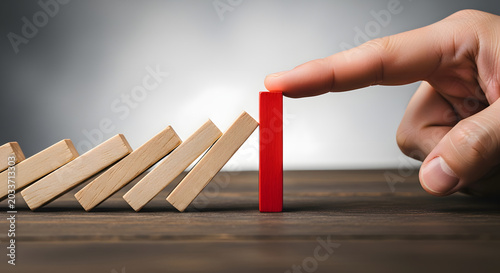 Human Hand Stopping Falling Dominoes with Red Block
