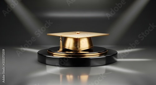 Golden graduation cap symbolizing academic achievement and future success, elegantly displayed on a prestigious pedestal under dramatic spotlights, a visual ode to dedication and scholarly triumph