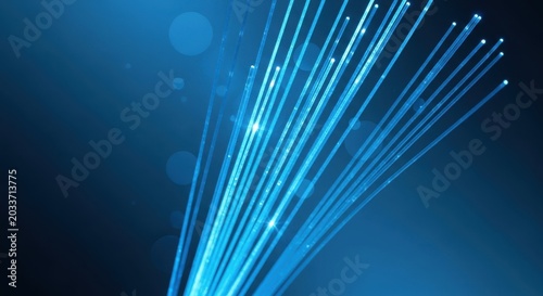 Abstract background with glowing blue fiber optic light strands representing high speed internet and data transmission