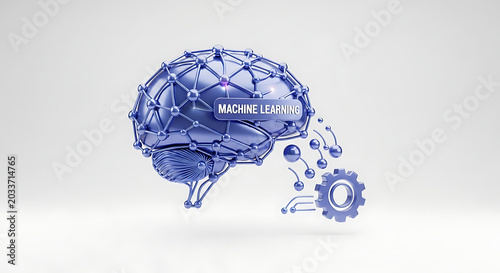 A blue brain with machine learning text connected to a gear on a white background illustration ai generated