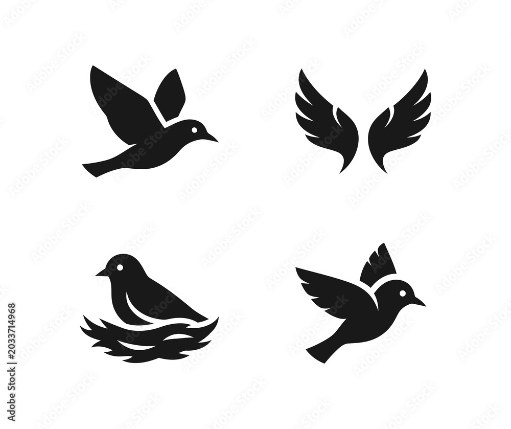 Fototapeta premium Diverse collection of elegant black bird and wing illustrations, depicting freedom, nature, and new beginnings through flying and nesting motifs