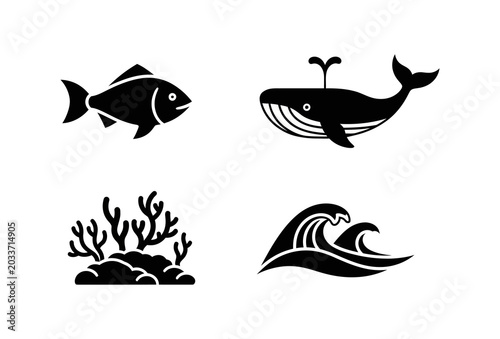 Foto Stylized black vector icons depicting marine life and ocean elements