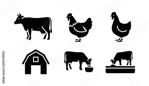 Fotografi Farm animal icons cow, chicken and barn silhouette illustrations for agriculture