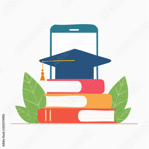 Online Education Concept with Graduation Cap and Books on Smartphone