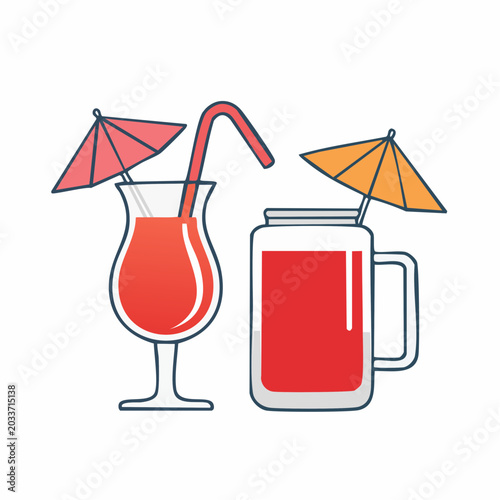 Two refreshing drinks with umbrellas and straws