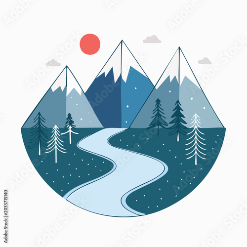 Stylized Mountain Landscape with River and Sun