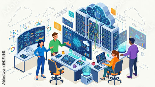 Diverse team collaborating in a modern data center, analyzing complex information on multiple screens and servers, conveying technological innovation and teamwork