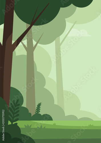 Green forest landscape illustration. Flat vector background with trees, foliage, and grassy meadow. Abstract nature scenery for environment conservation concept and eco poster design