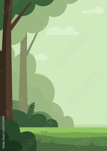 Green forest landscape with trees and grass background. Minimalist vector illustration of nature park. Environmental concept for eco design, natural scenery with copy space for text