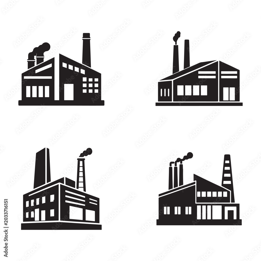 Obraz premium Factory building icons with smokestacks and windows industrial architecture symbols for design and illustration industrial buildings with chimneys and smokestacks