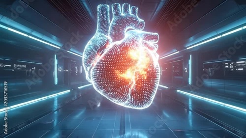 A glowing digital heart floating in a futuristic, metallic corridor setting