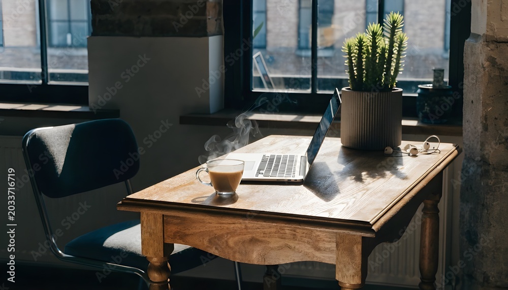 Fototapeta premium Remote Work Setup with Laptop, Coffee Cup and Green Plant on Modern Home Office Desk