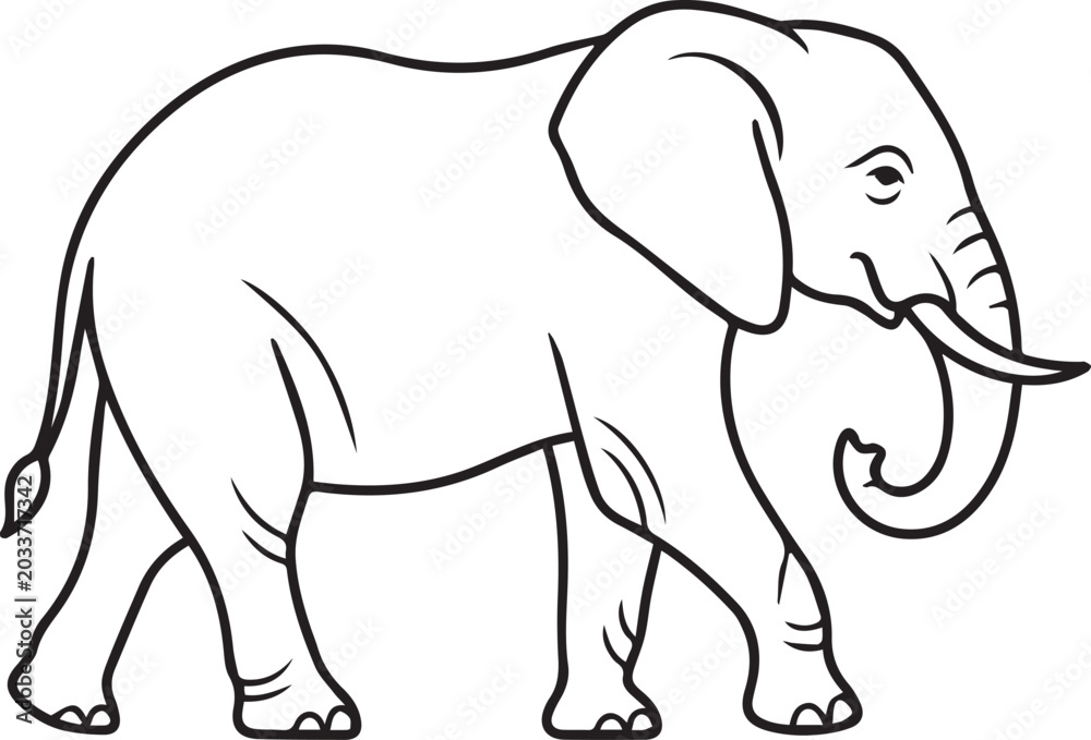 Fototapeta premium Minimalist elephant line art vector, black and white wild animal outline, simple elephant profile drawing for coloring books and logo design