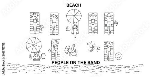 Obraz na płótnie Minimalist beach people on the sand vector, top view summer vacation icons, blac