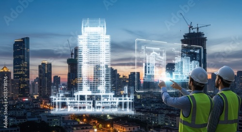 Architects using digital tablet for smart city construction project with modern building skyline