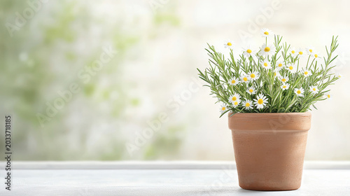 Charming potted plant with white flowers, adding touch of nature to any space, evokes sense of tranquility and freshness