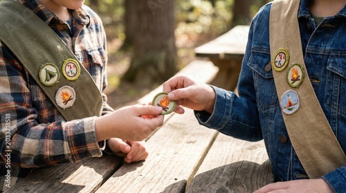 Two young scouts exchange a campfire merit badge over a wooden table. This scene captures teamwork and achievement in a sunny forest setting. Perfect for youth organization marketing materials.