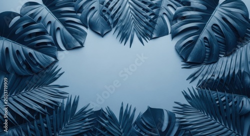 Blue tropical palm and monstera leaves frame with central copy space for summer design background