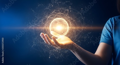 A person cradles a glowing orb of light and energy representing innovation technology and the future of possibilities