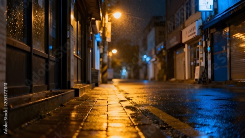 Rainy Night Street with Warm Reflections and Moody City Lights