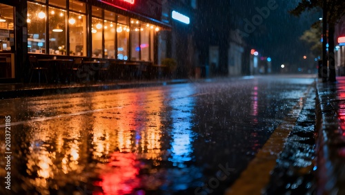 Rainy Night Street with Warm Reflections and Moody City Lights