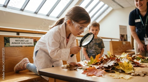 A young girl in a lab coat examines dry leaves through a magnifying glass. This educational scene promotes curiosity and early science learning. Ideal for school and career development media.